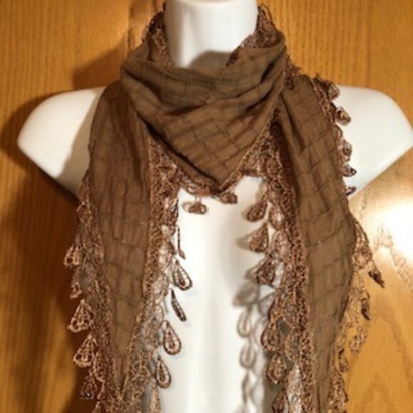3/$15 Boho Fringed Woven Light Brown Cotton Embroidered Crochet-Edge Scarf - Picture 1 of 5